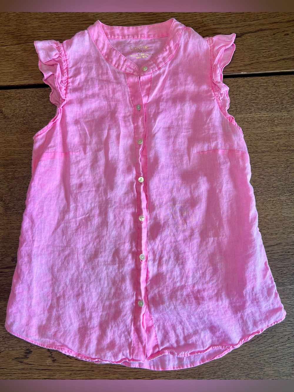 Lilly Pulitzer 100% Linen Pink Ruffle Sleeve Button Front Blouse Womens XXS